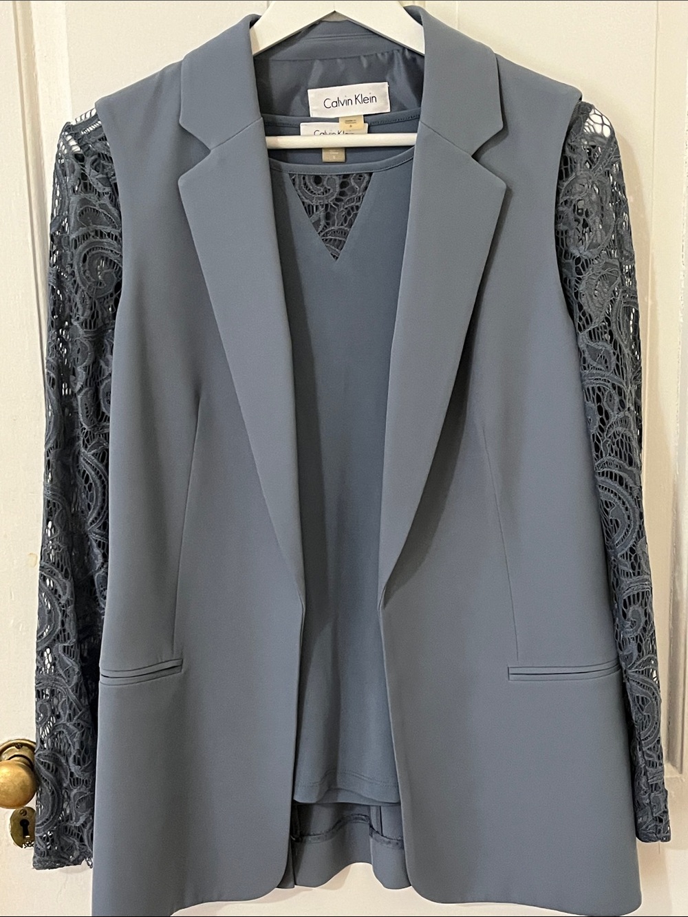 Calvin Klein Slate-Blue Blazer with lace sleeve blouse